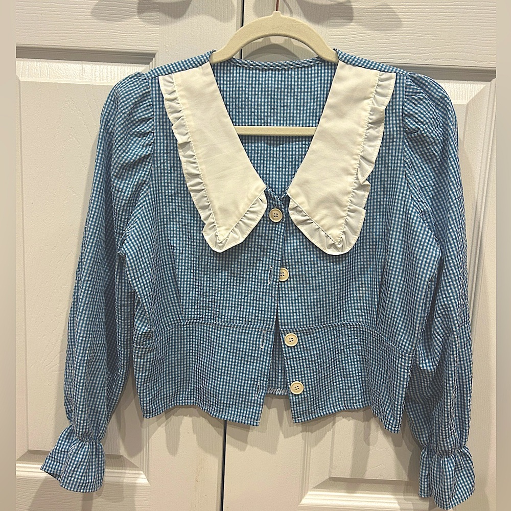 Blue Plaid Fringe Collared Shirt *Cottage-core*